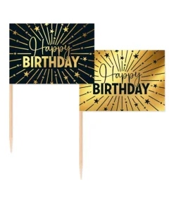 Guld og sort Happy Birthday kageflag, 50 stk