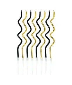 Guld og sort snoede kagelys, 12 cm
