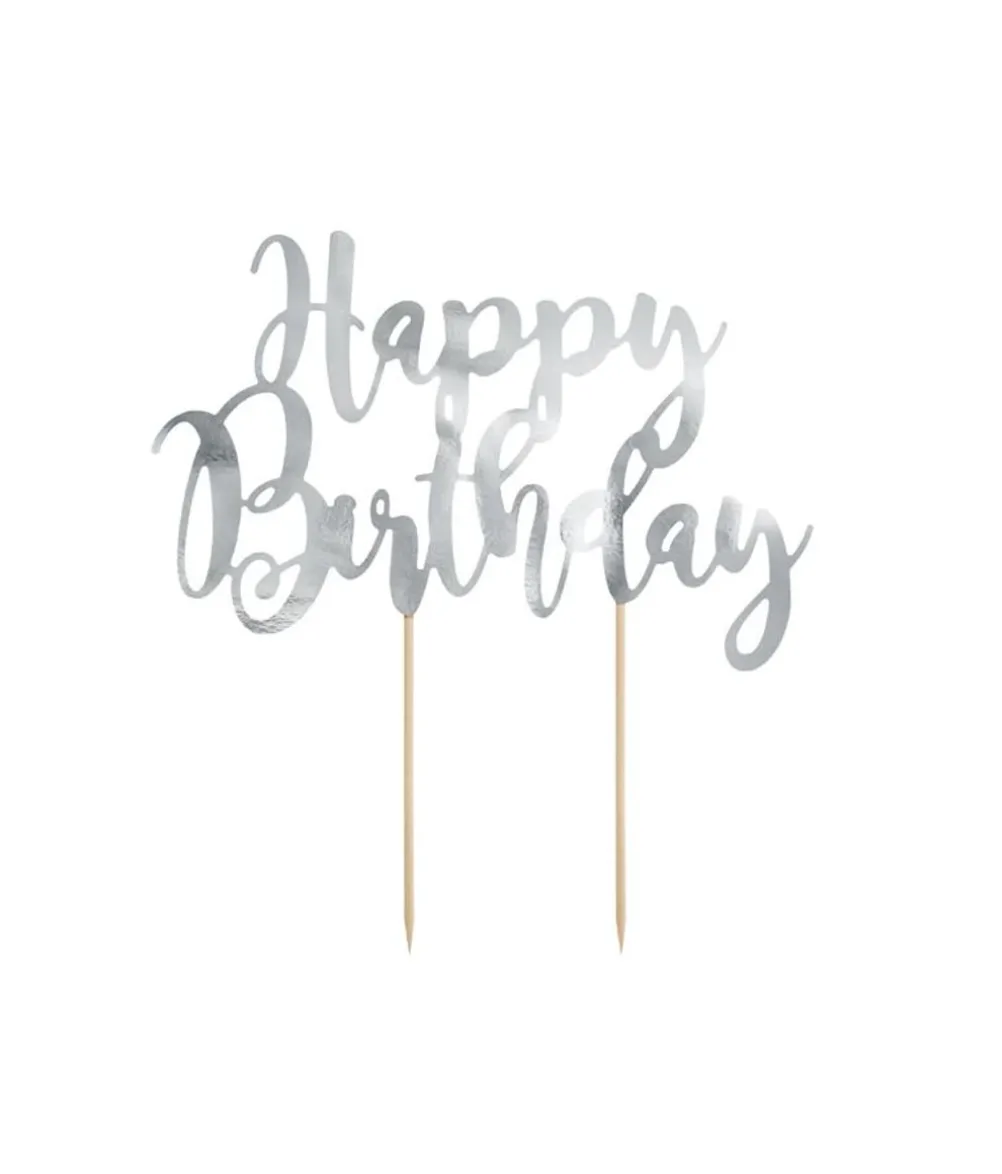 Happy Birthday kagepynt, sølv