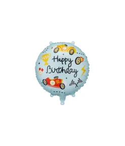 Happy Birthday racerbiler folieballon, 35 cm