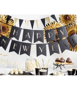 Happy New Year guirlande, sort og guld