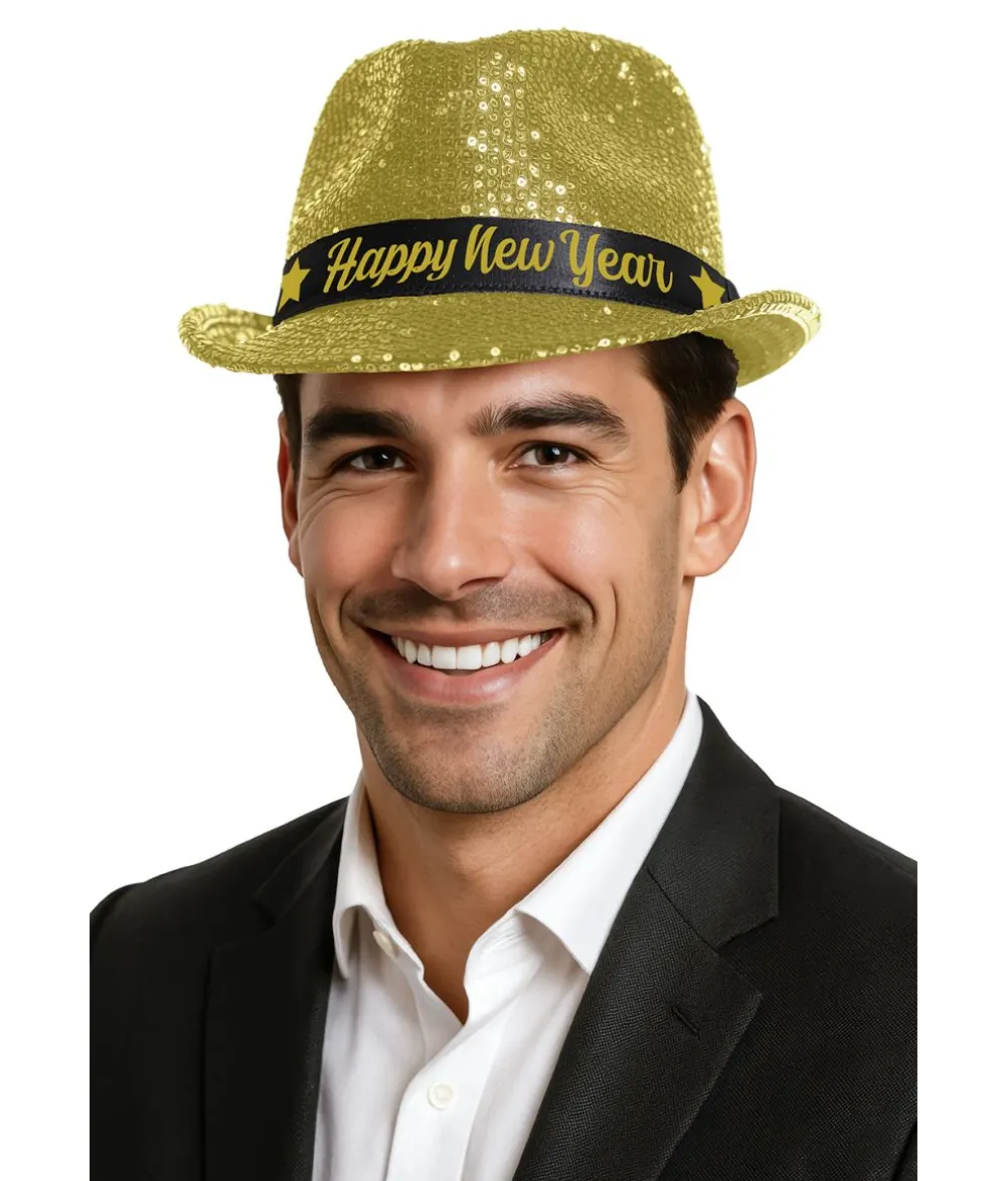 Happy New Year hat, guld pailletter