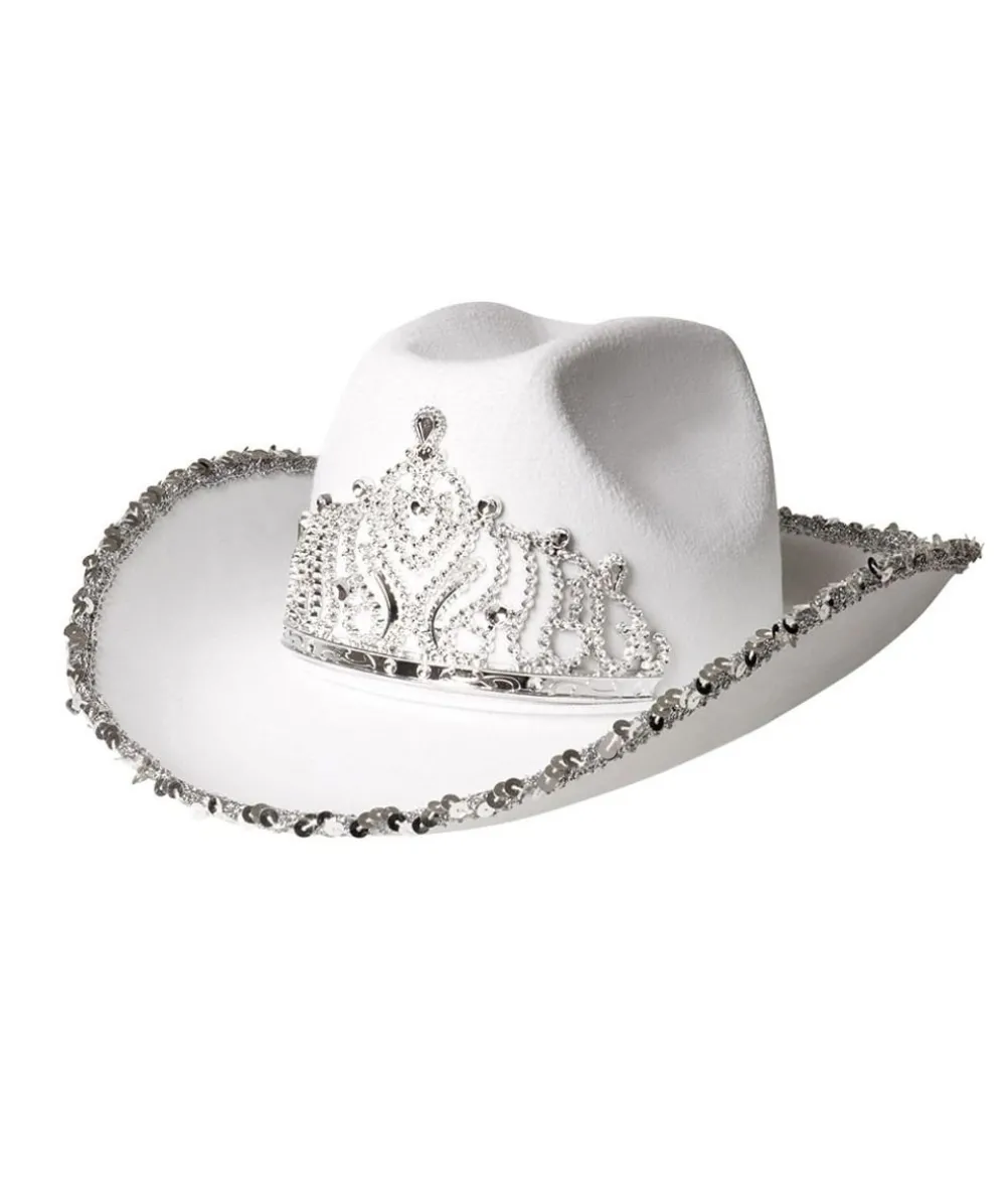 Hvid Cowboyhat med pailletter og diadem