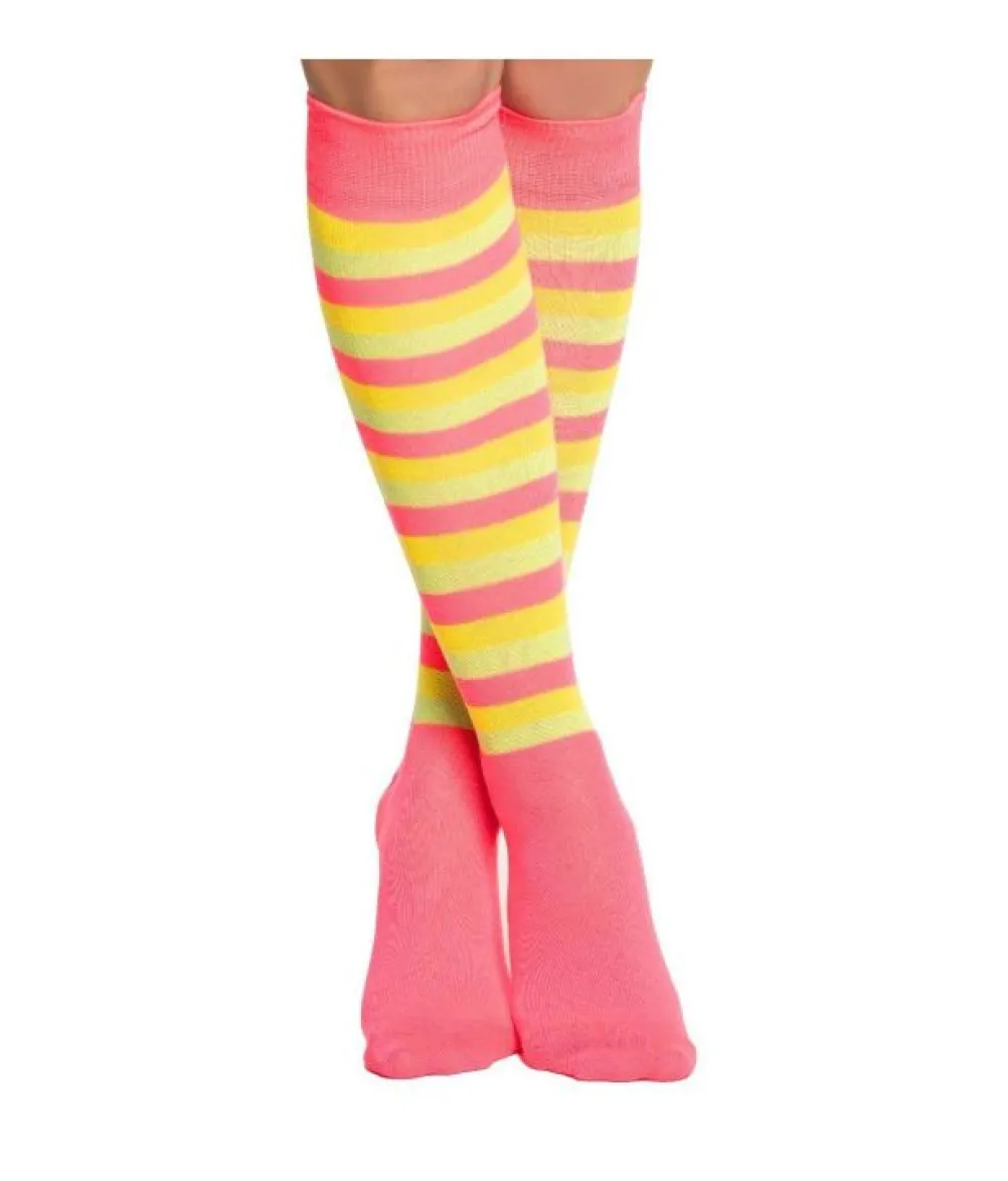 Neon knæstrømper, pink, gul og grøn