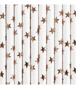 Papirsugerør, hvid med rose gold stjerner