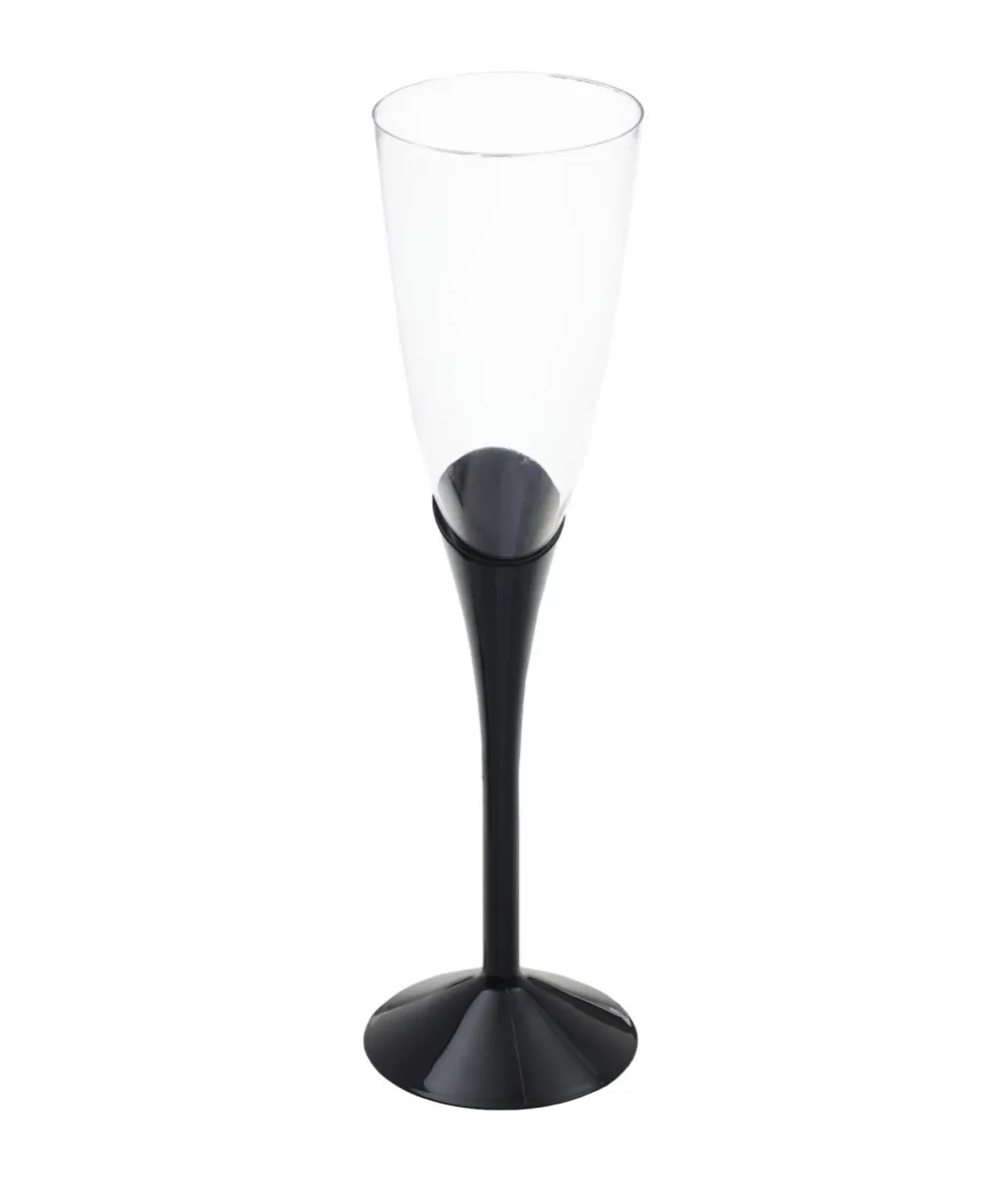 Plastik champagneglas med sort fod, 6 stk
