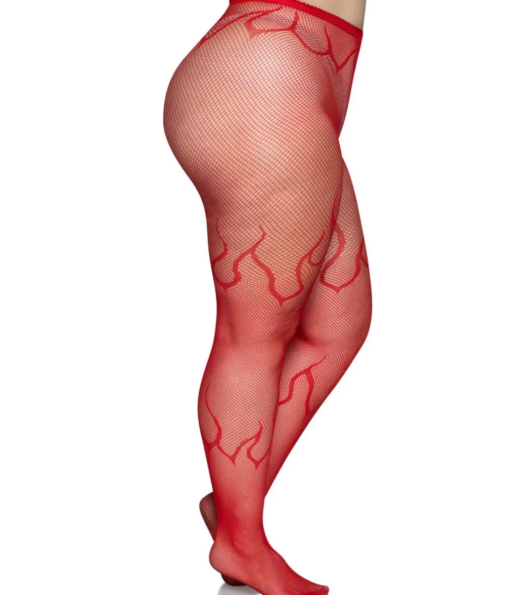 Røde flamme netstrømpebukser, plus size
