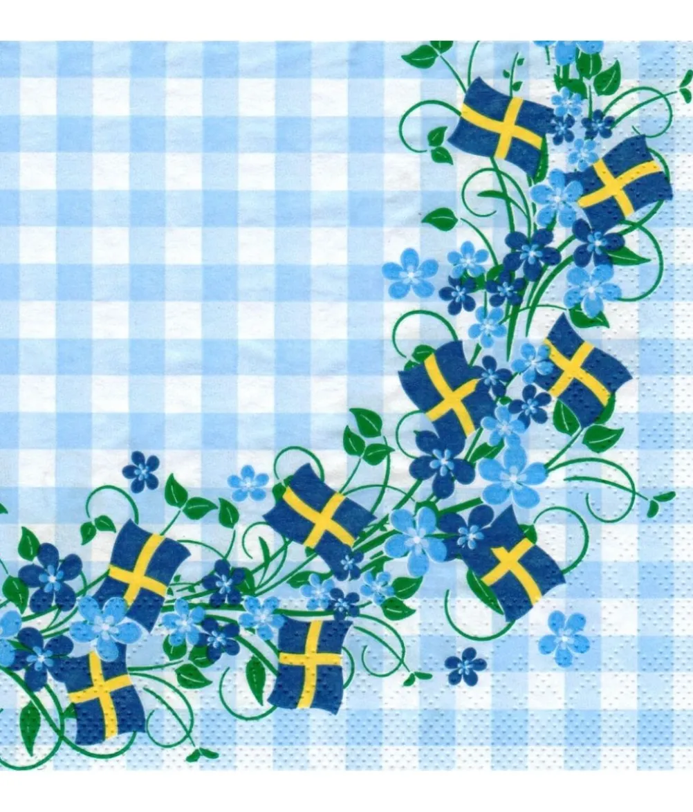 Servietter med blomsterranke og svenske flag