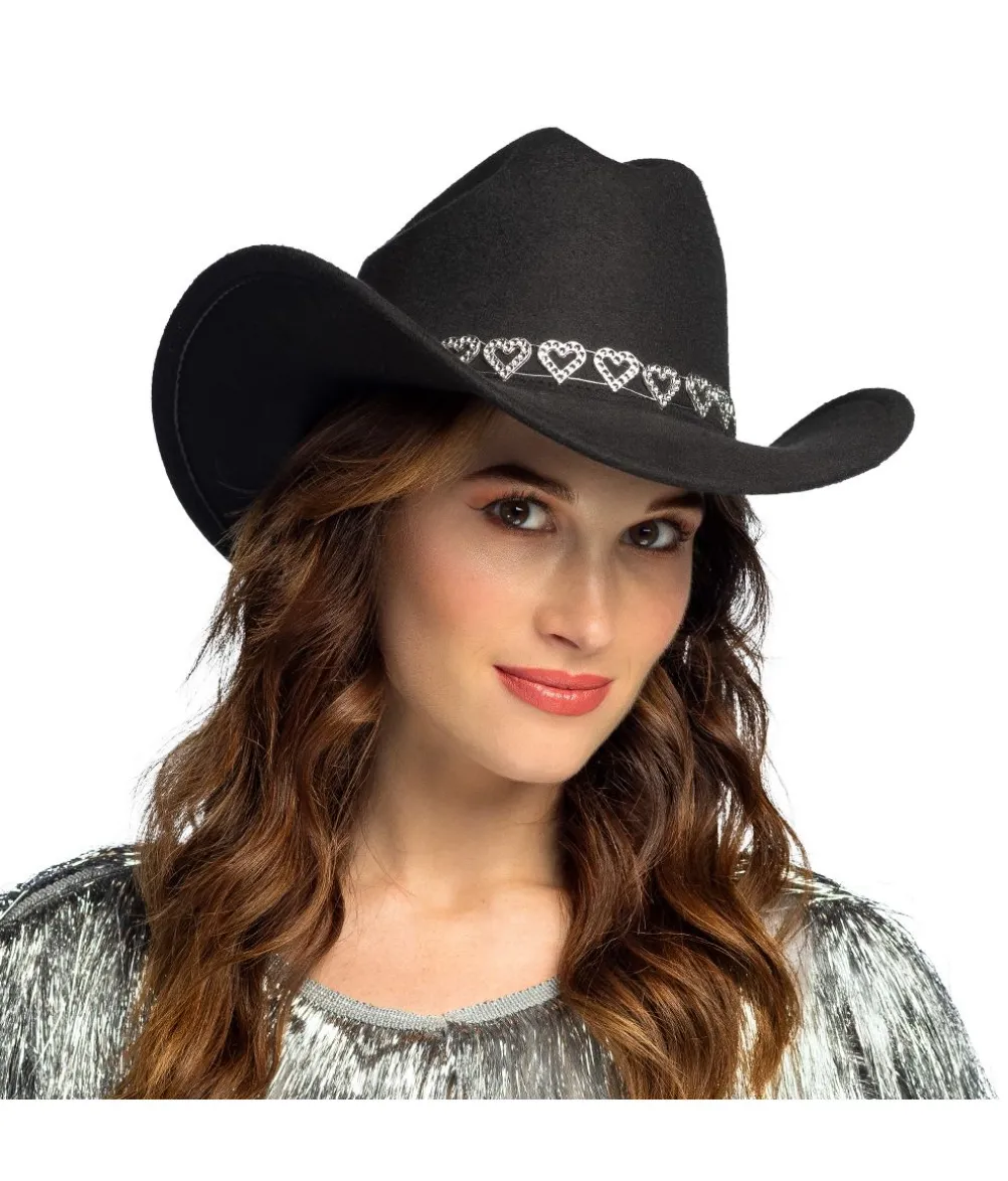 Sort cowboyhat med sølv hjerter