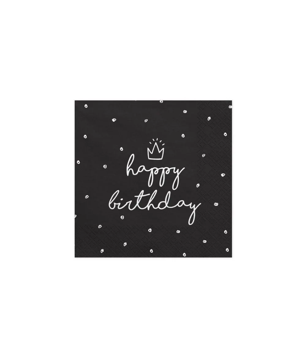 Sorte Happy Birthday servietter, 20 stk