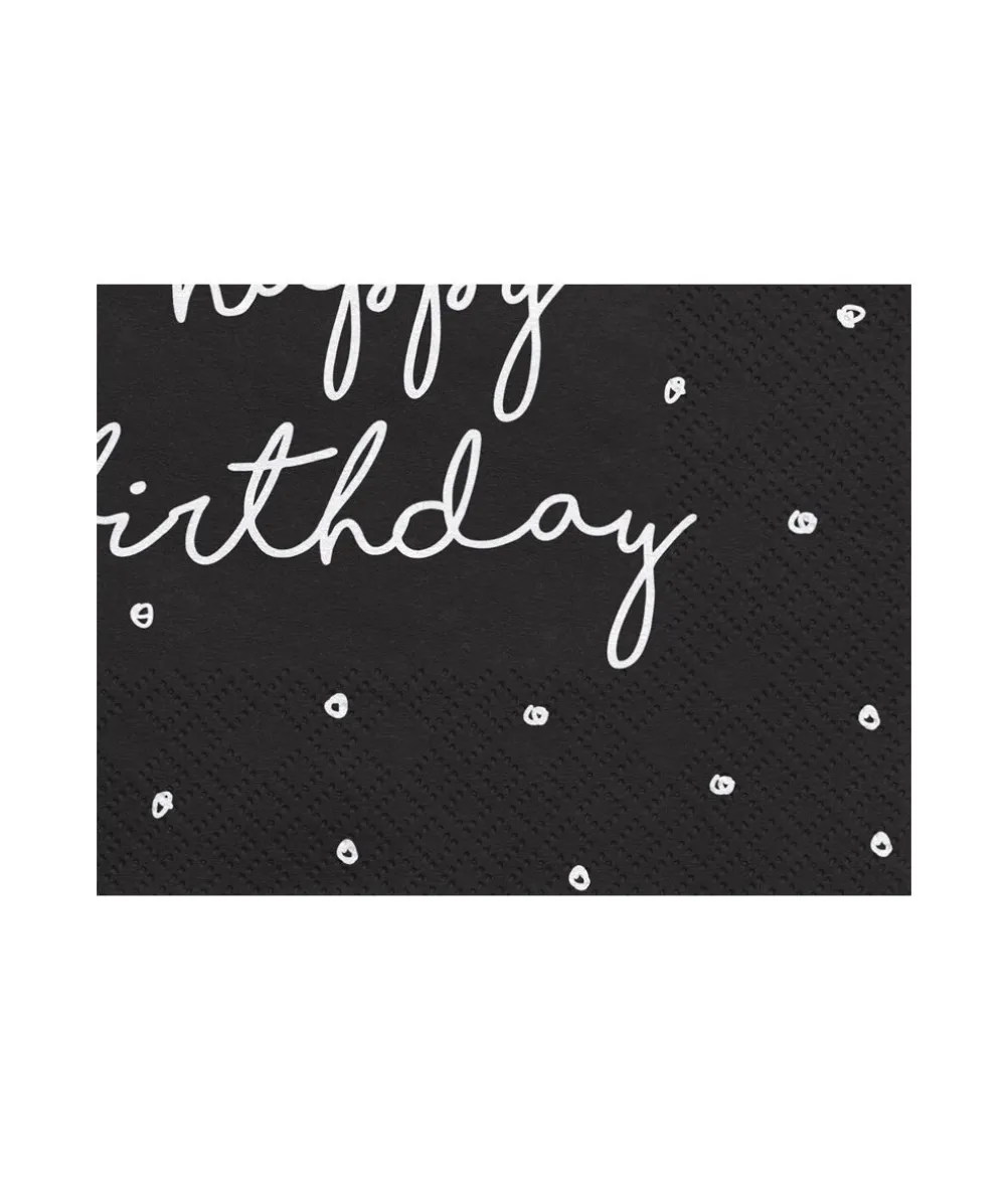 Sorte Happy Birthday servietter, 20 stk