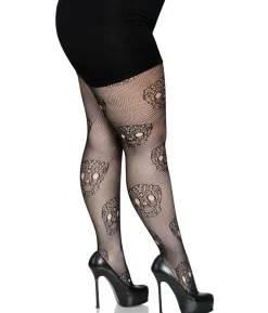 Sort lace skull strømpebukser 1X/2X
